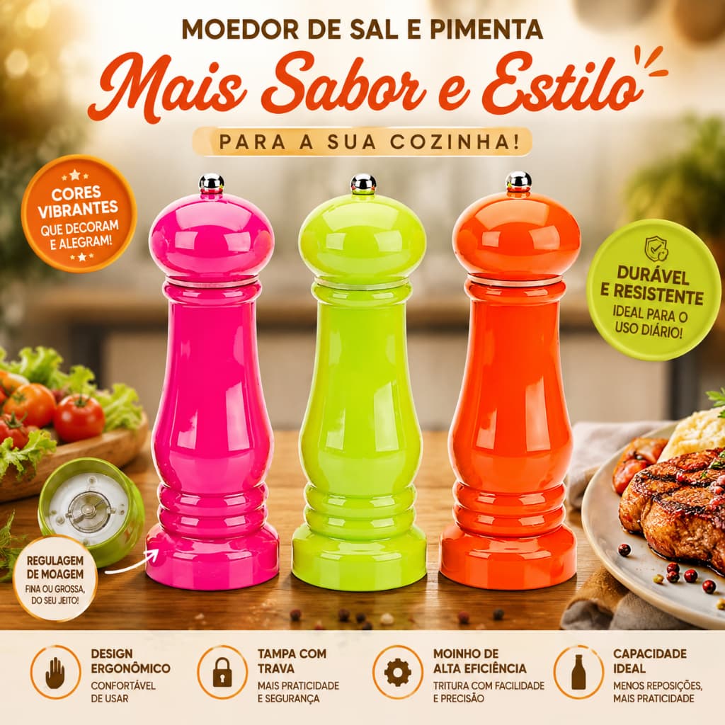 Moedor de Sal e Pimenta Manual Ajustável com Moagem Fina e Grossa | Moedor de Temperos em Acrílico Resistente Colorido