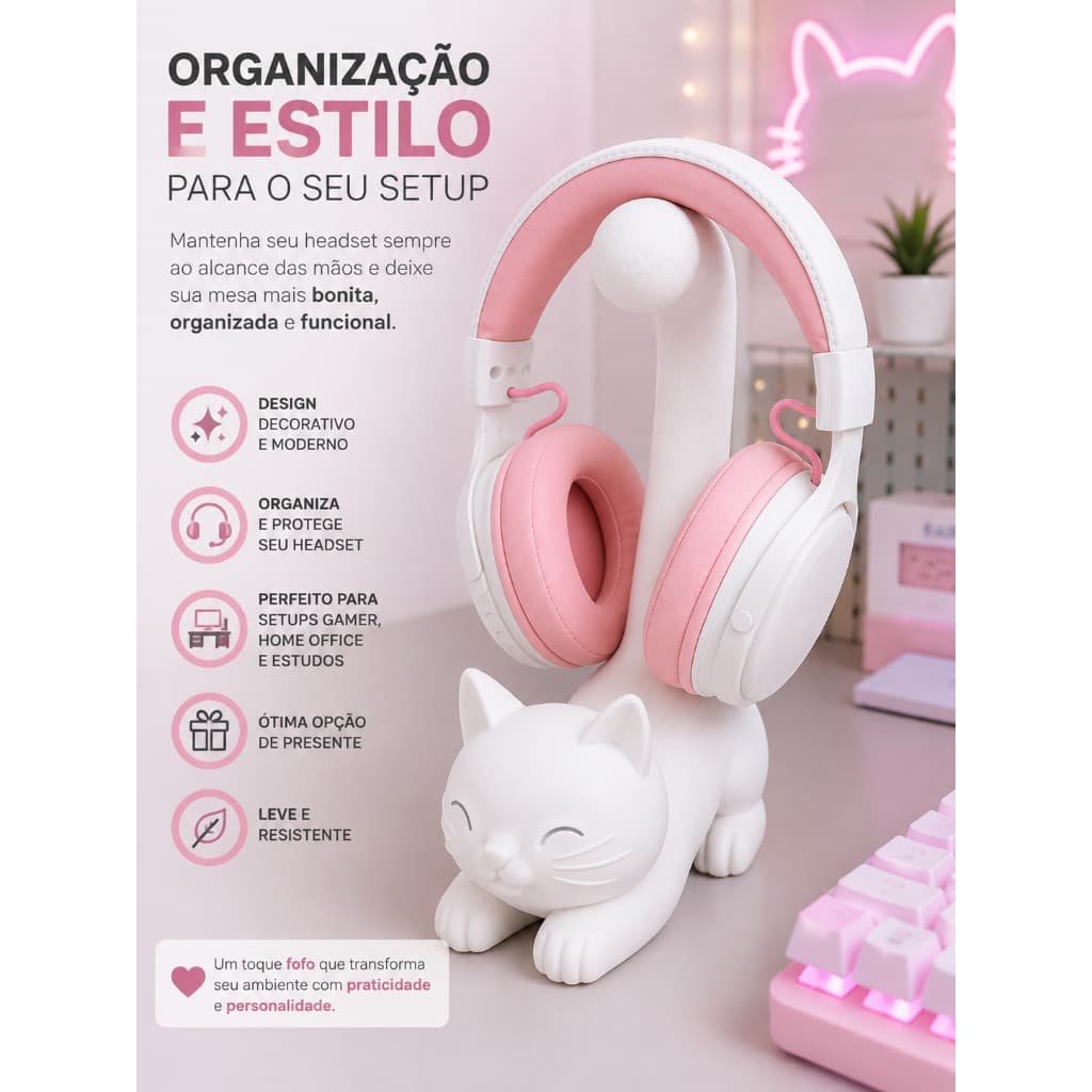 Suporte para Fone Gatinho Organizador de Mesa para Headset Gamer Decoração Setup Preto ou Branco P