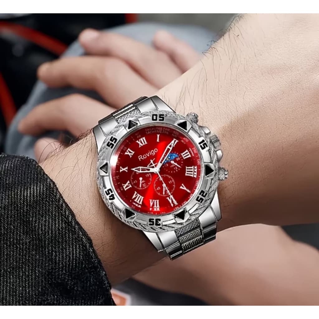 Relógio Pulso Quartzo Fundo Vermelho Pulseira Aço Inoxidavel
