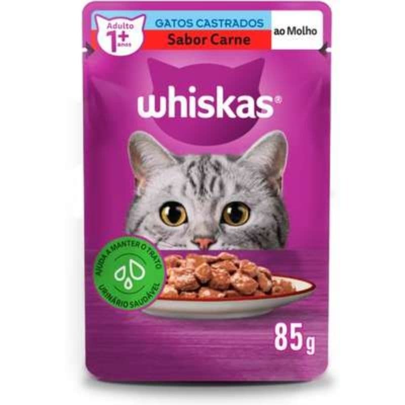 9 unidades - Ração Úmida Sachê Whiskas para Gatos Castrados - Sabor Carne 85g