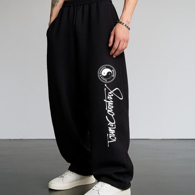 Calça Wide Leg Moletinho Unissex Larga Baggy Flanelada Estilo Urbano Yng Yang Algodão Moda Tendencia
