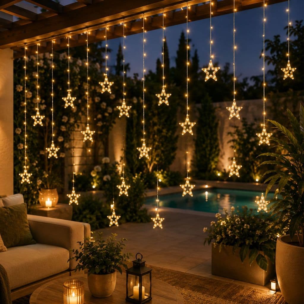 Cascata de Natal Estrelas Bivolt Leds com 8 Funções em cores Branco Quente e Pisca Pisca