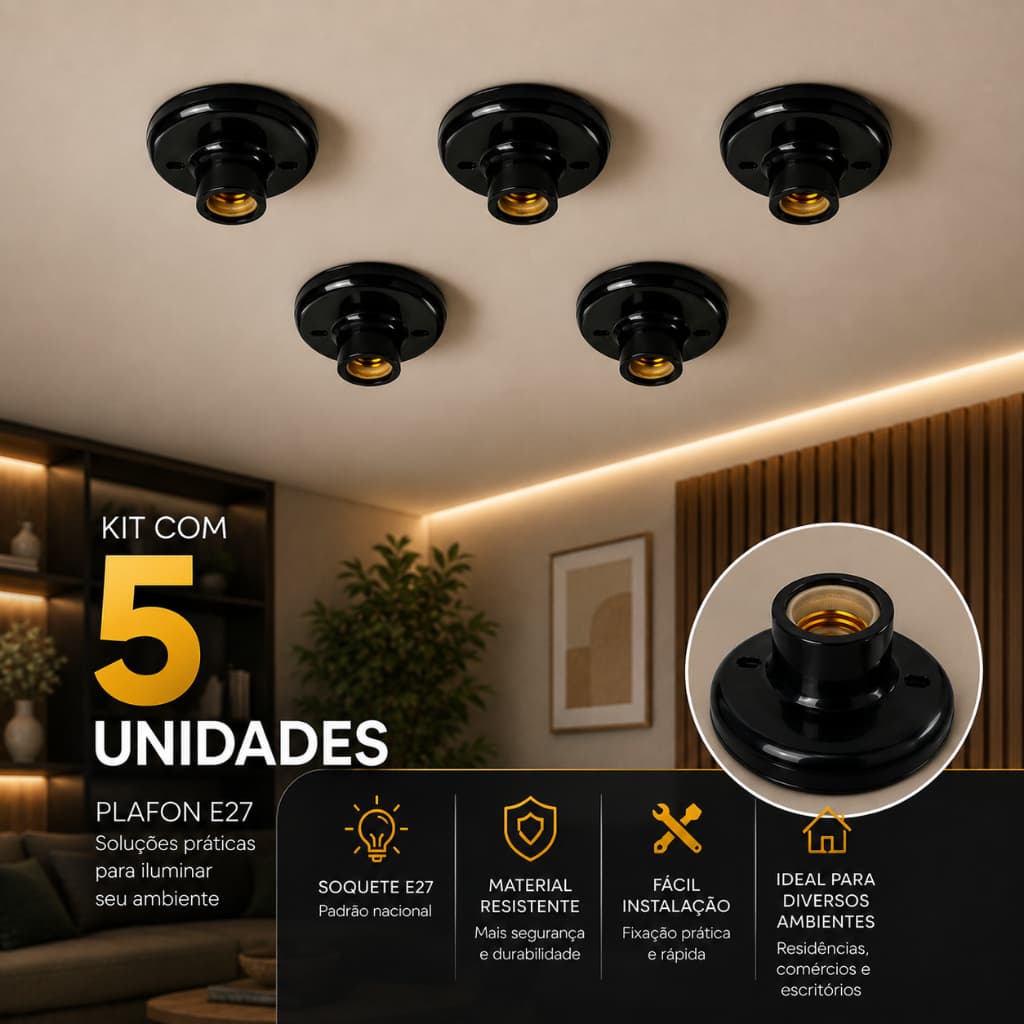Kit 5 Plafon E27 com Bocal de Porcelana – Sobrepor Preto com Parafusos 100w