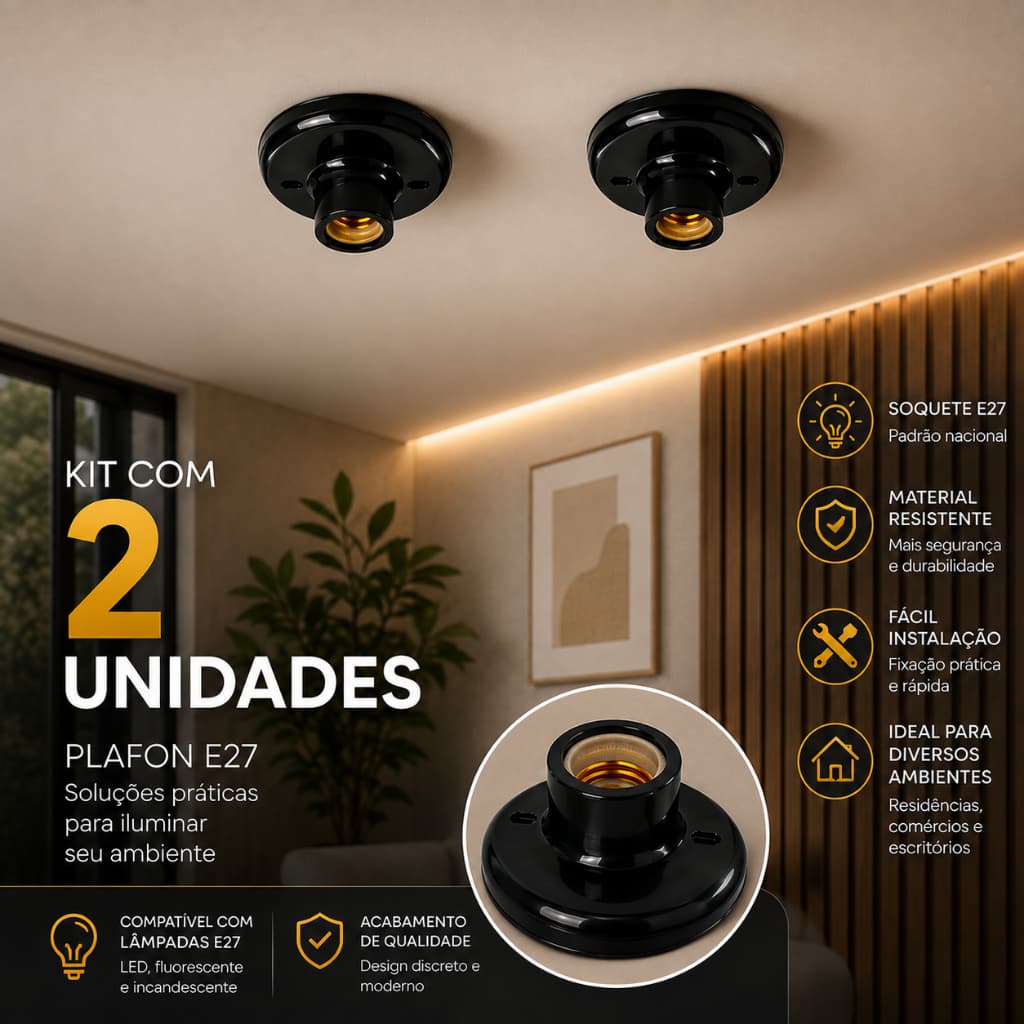 Kit 2 Plafon E27 com Bocal de Porcelana – Sobrepor Preto com Parafusos 100w