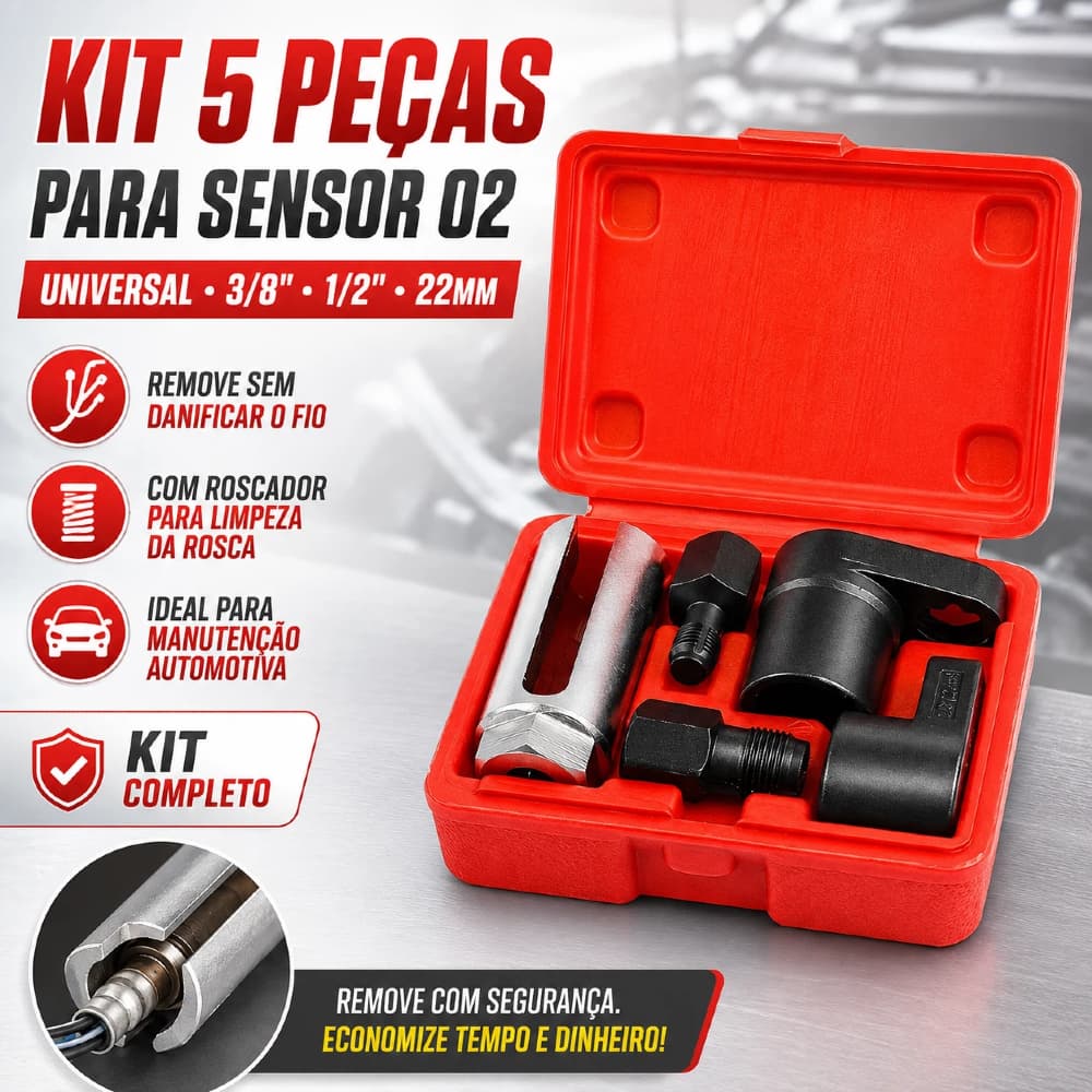 Kit 5 Peças Chave para Sensor de Oxigênio O2 Universal - 3/8", 1/2" e 7/8" (22mm) com Roscador