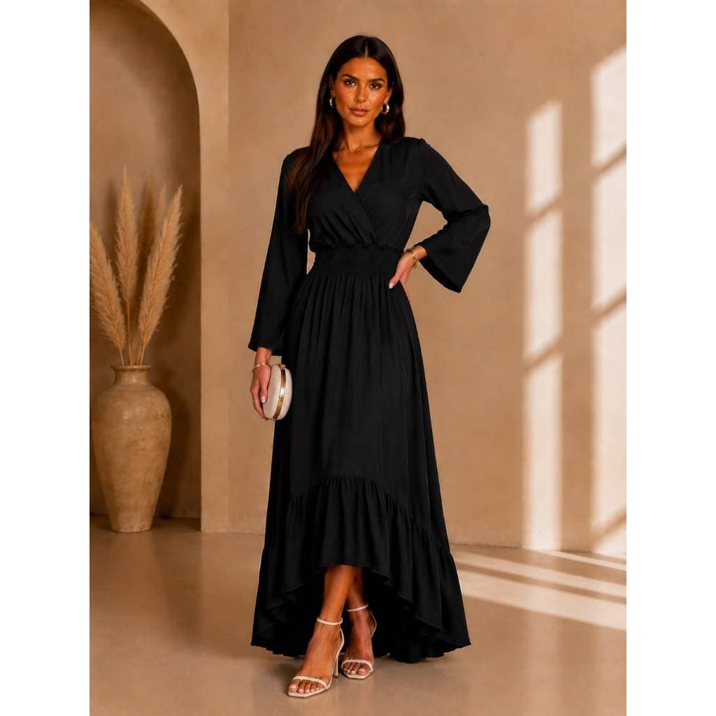 Vestido Sheila Longo Preto em Malha Fluity com Manga Longa e Decote Transpassado