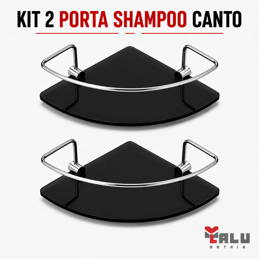 Porta Shampoo Para Banheiro Suporte De Vidro 6mm Fumê Canto Preto C/ Cromado Anti Ferrugem KIT 02 UN