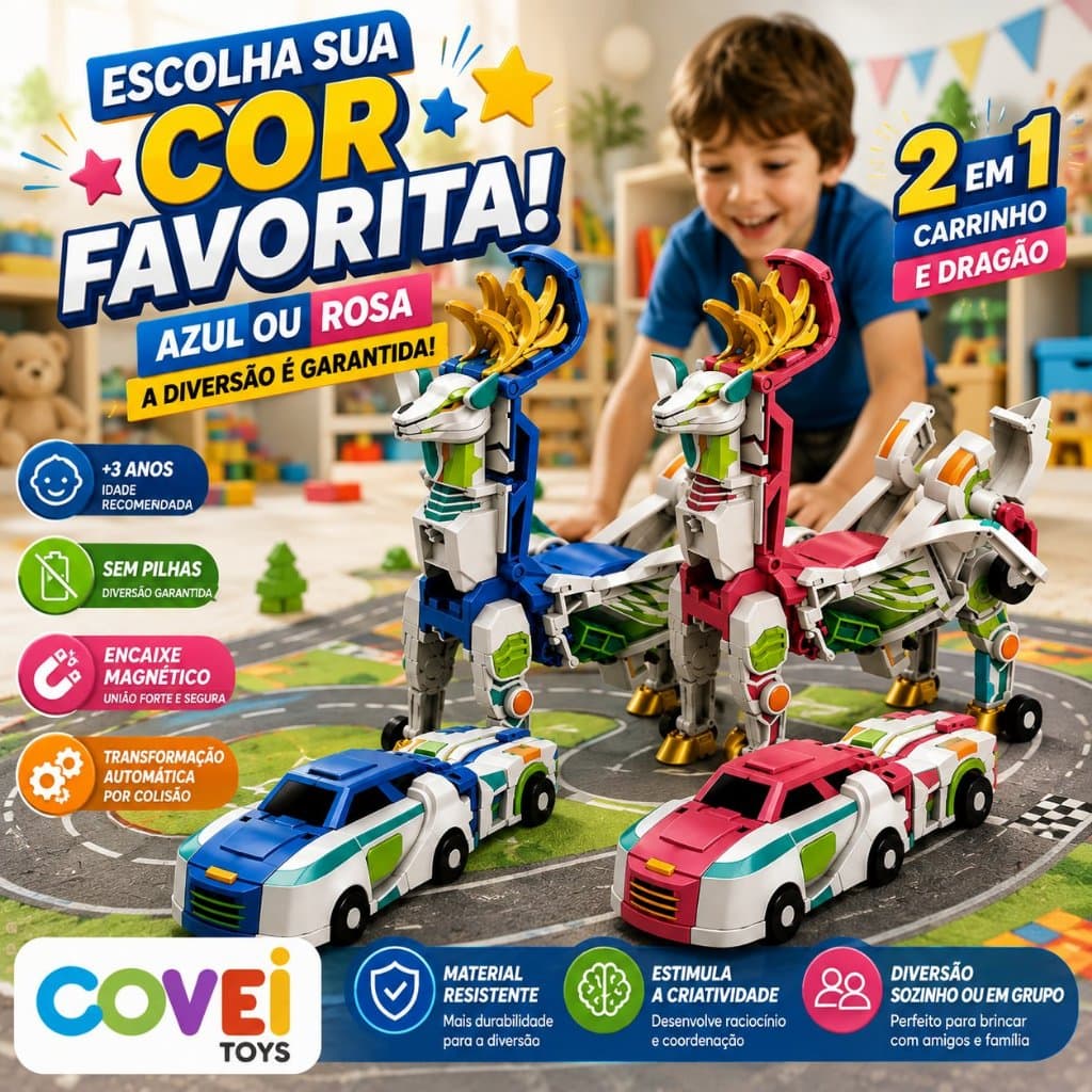 Carrinho De Dinossauro Magnético 2 Em 1 Presente Menino Menina  Dragão Transformável Automática