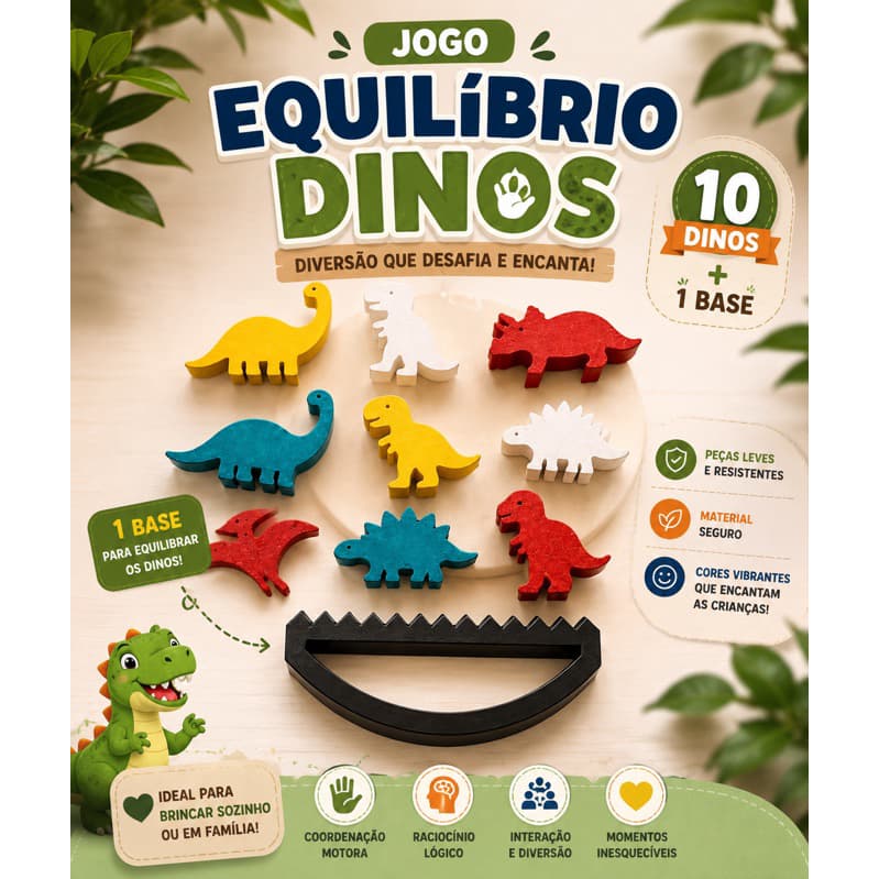 Jogo Equilíbrio Dinossauros Montessori | Brinquedo Educativo em Madeira | Coordenação Motora