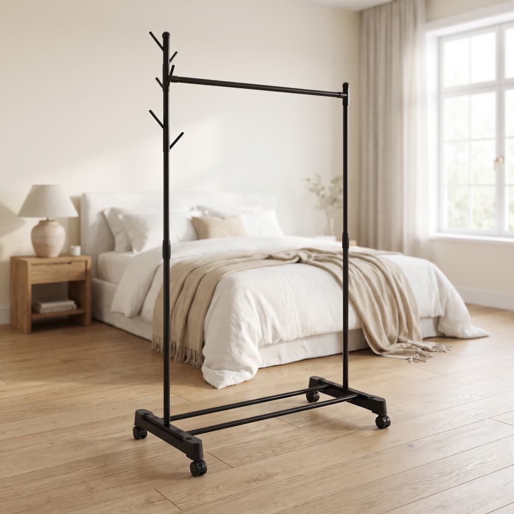 Arara de Roupas Cabideiro com Ganchos Rodinhas Guarda Roupa Aramado 152cm Preto