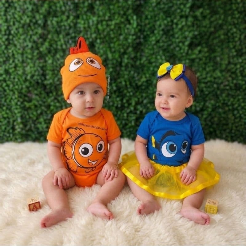 Body Bebê Nemo Com Touca Dory Com Saia e Laço Fantasia Mesversário Ensaio Fotográfico Promoção Bory Procurando o Nemo