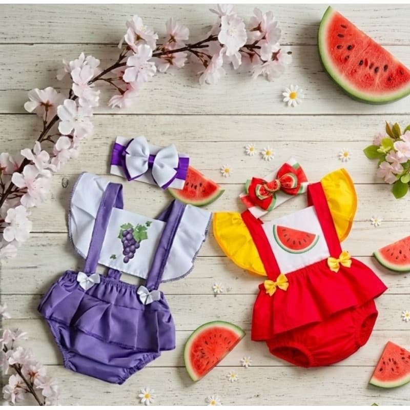 Romper Vestido Frutas + Faixa De Cabelo Body Jardineira Bebê Menina Mêsversário Melancia Banana Uva Morango