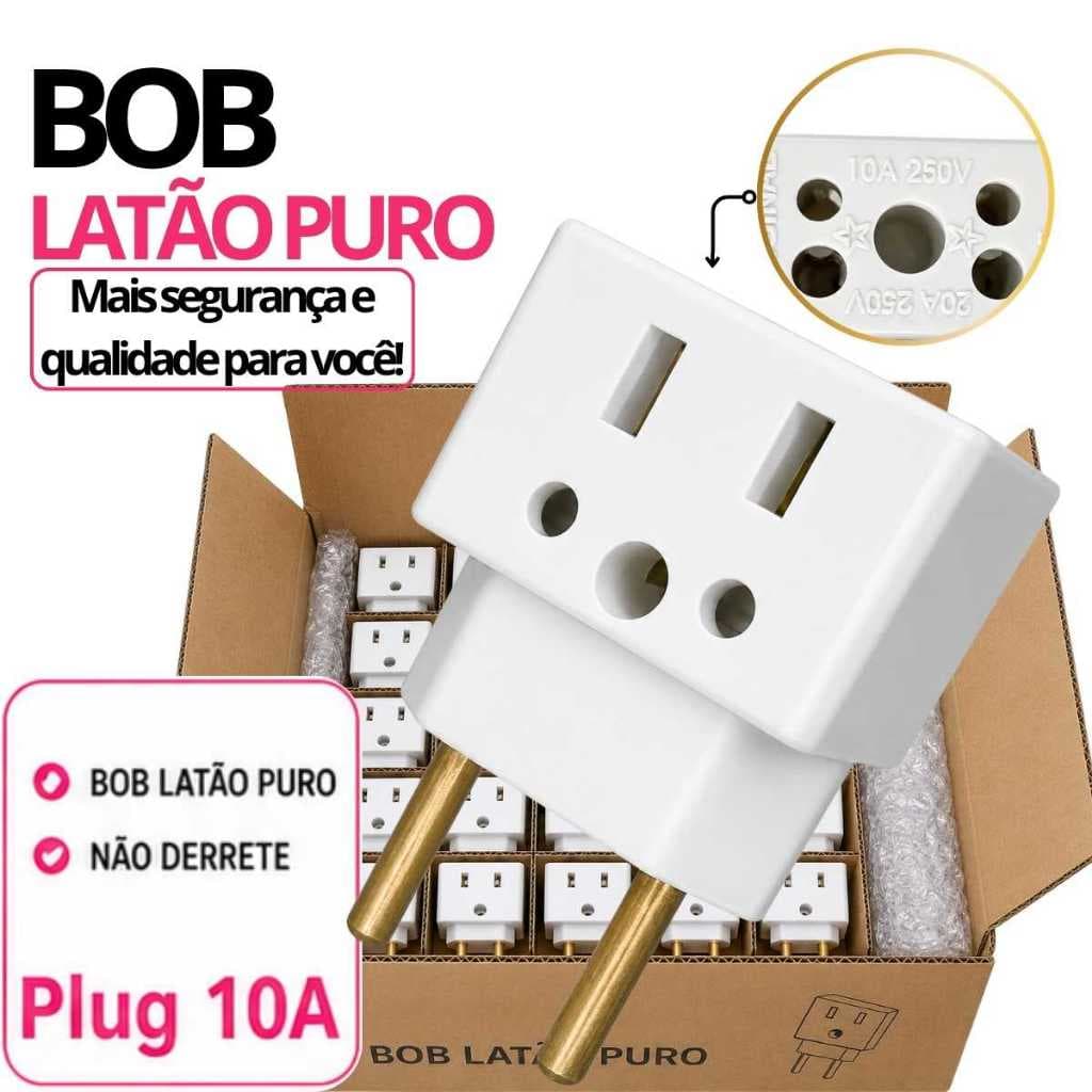 Bob Adaptador de Tomadas Bivolt 127V/220V Entrada 10A e 20A Pino Fino 10A Latão Puro Entrada
