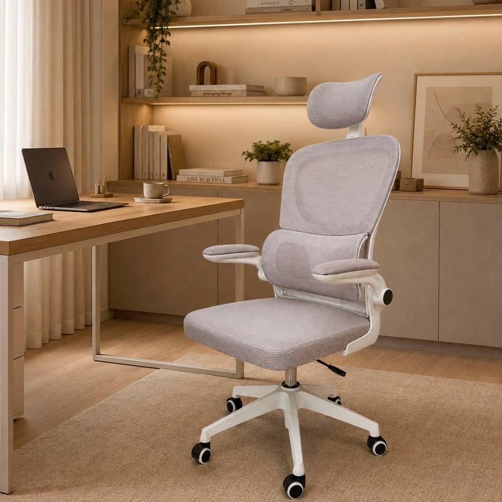Cadeira de escritório ergonômica giratória apoio lombar cabeça braços rebatíveis tela mesh rodinhas