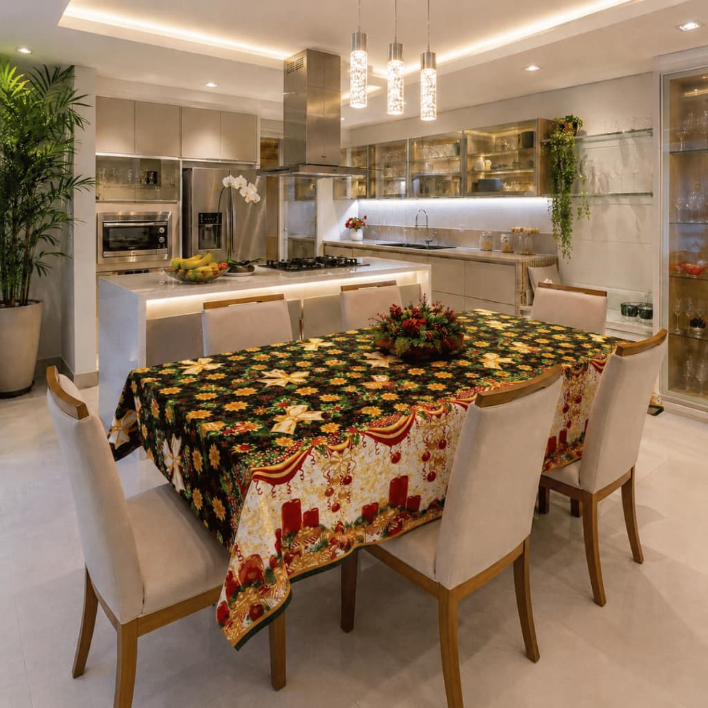 Toalha de Mesa Natalina Natal Oxford Impermeável Papai Noel Floral 6 8 10 12 Lugares Jantar