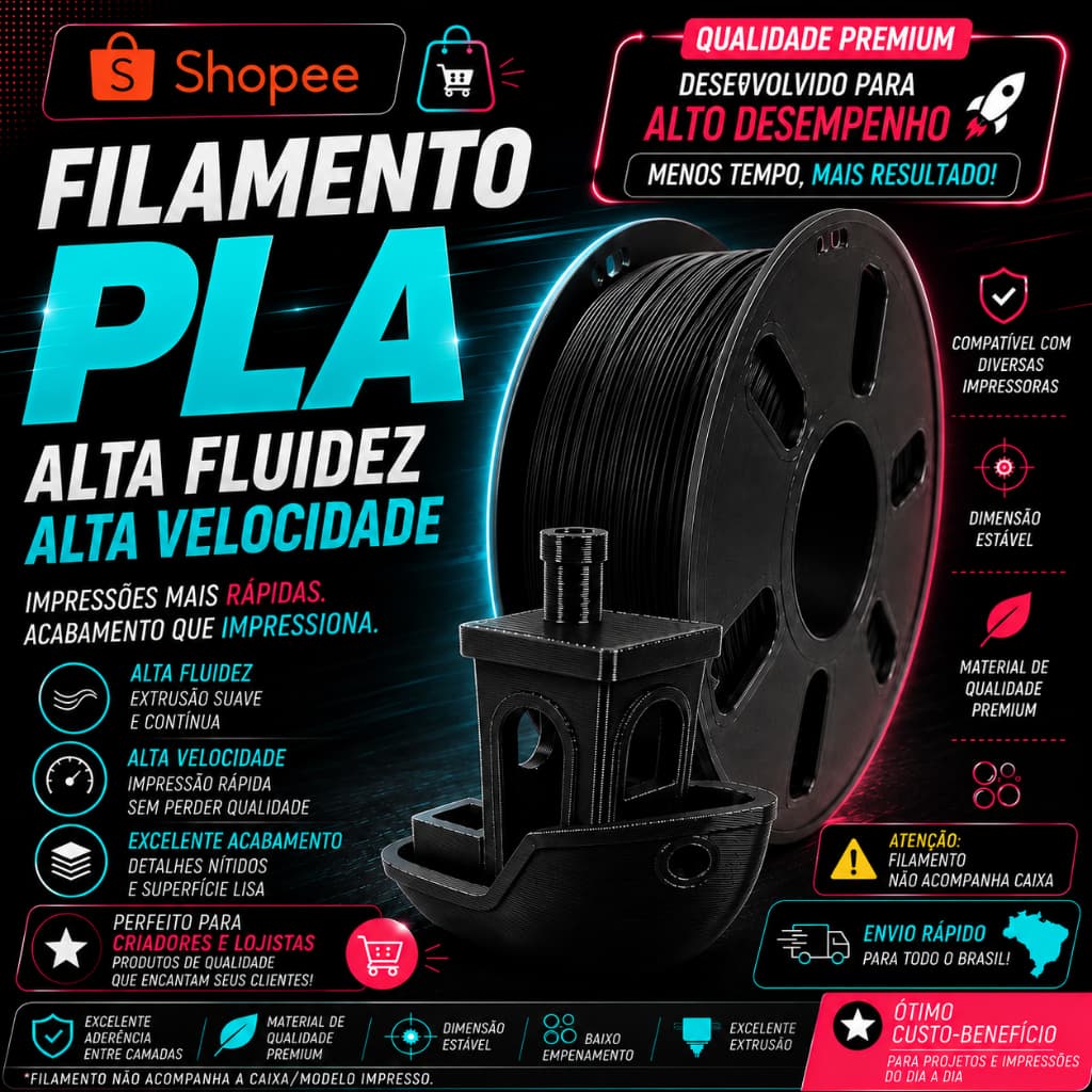 Filamento PLA 1KG - 1.75mm High Speed - para impressora 3D Preto Mattte