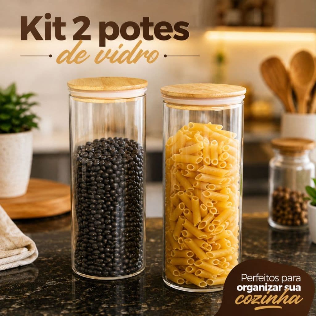 Kit Potes de Vidro Borossilicato Hermético Tampa Bambu Organizador de Mantimentos 2 ou 4 Unidades