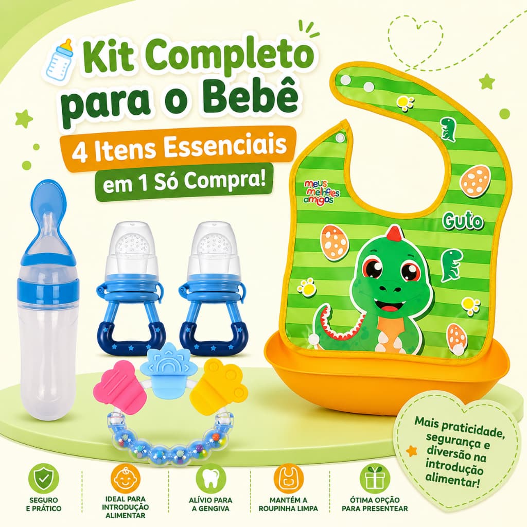 Kit Alimentação Bebê Mamadeira Dosadora + 2 Chupetas Alimentadoras + Babador + Mordedor