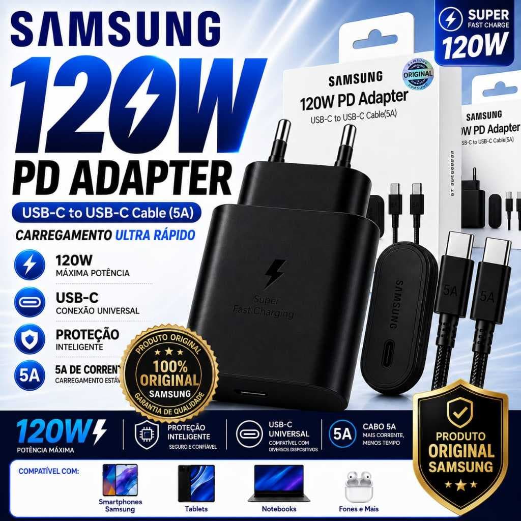 {ORIGINAL} Carregador Samsung 120W TURBO Tipo-C Super Rápido| Para Samsung, Xiaomi, Motorola, iPhone