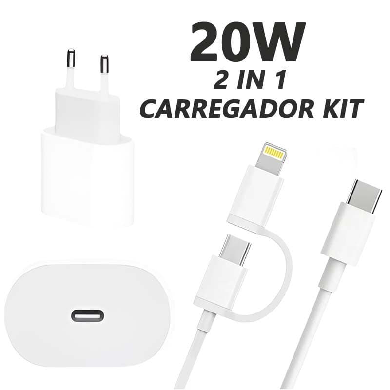 Kit Carregador De iPhone Fonte Cabo 2 em 1 USB-C para Lightning e Tipo-C Compatível iPhone e Android