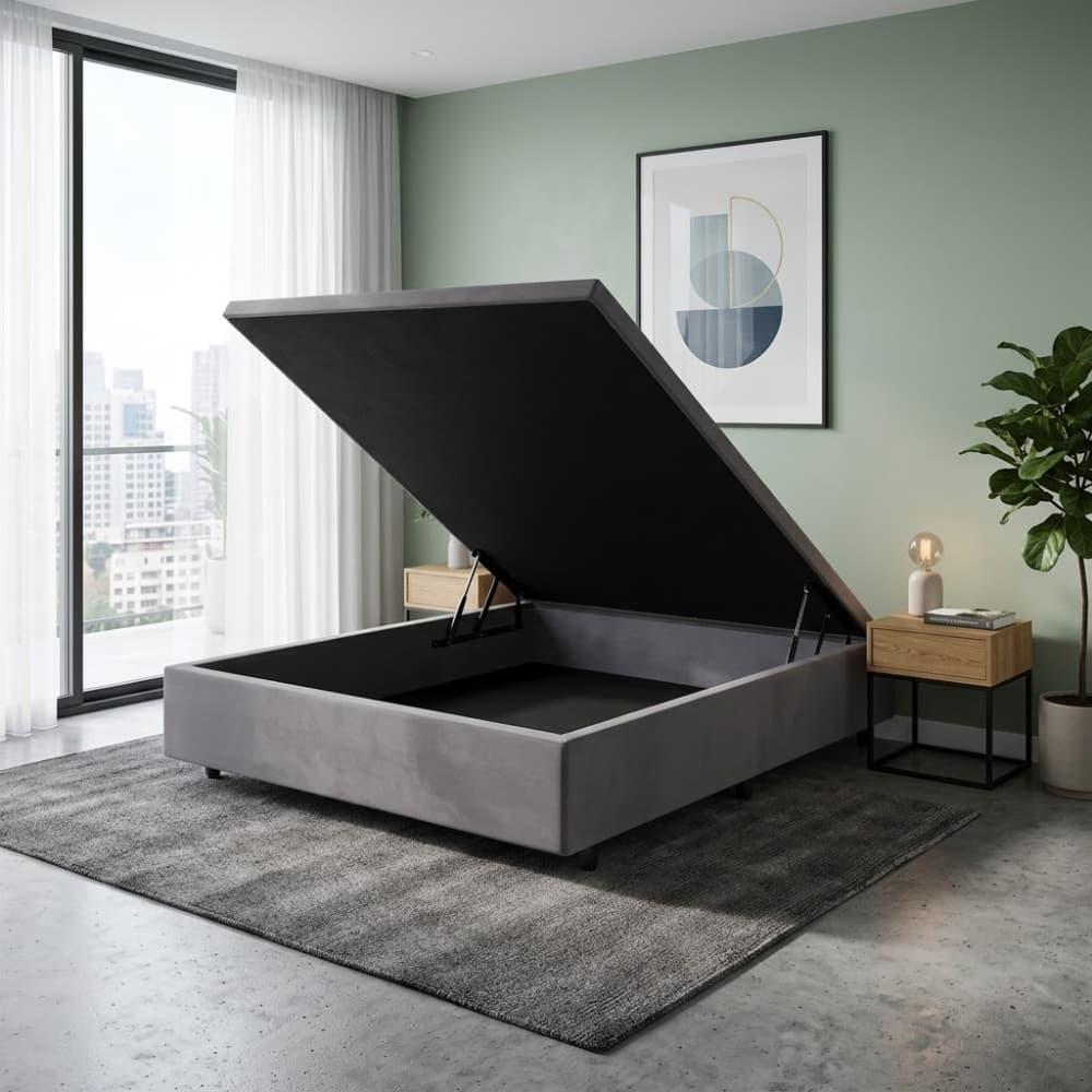 Base Box Baú Casal Suede Cinza 138x188x42