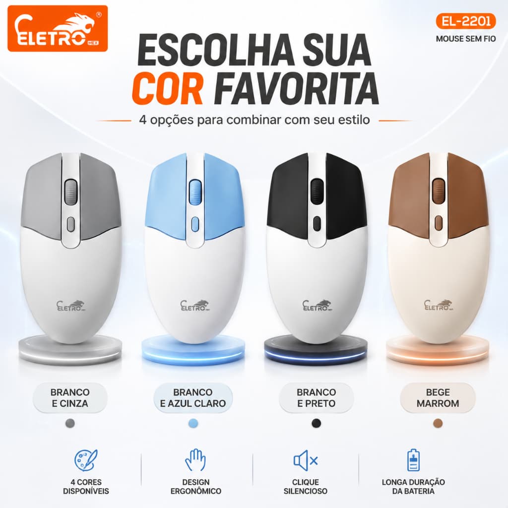 Mouse Sem Fio Bluetooth ELETRO-EL-2201 – Mouse Óptico Recarregável, Silencioso, Para Notebook/PC/Mac