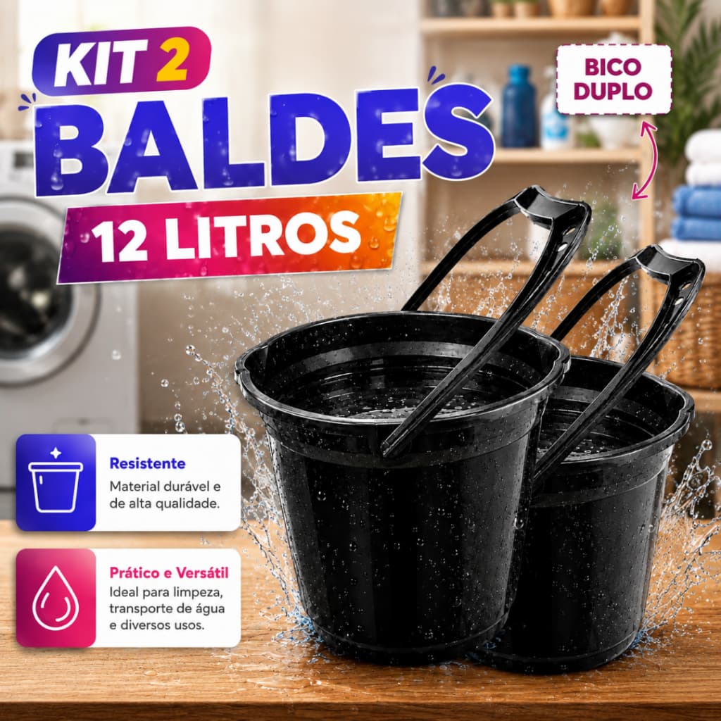 Kit 2 Baldes 12 Litros Reforçado com Alça de Plástico Resistente Limpeza Obra Lavanderia Uso Doméstico