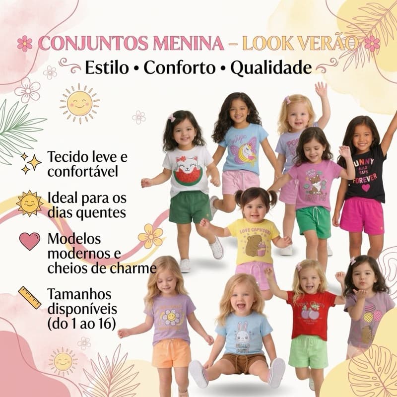 KIT CONJUNTO MANGA CURTA VERÃO MENINA INFANTIL JUVENIL