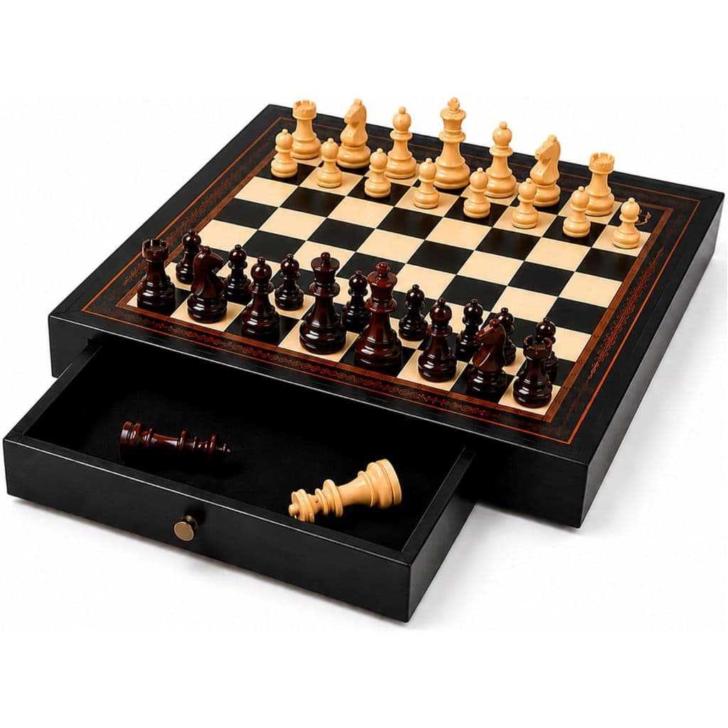 Tabuleiro Profissional de Xadrez Antiderrapante em Verniz Madeira com 2 Gavetas 40cm Peças Magnetica