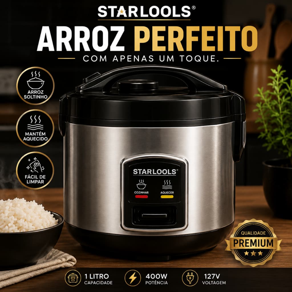 Panela de Arroz Elétrica 1 Litro 127V Antiaderente Mantém Aquecido Cozimento Automático Preta