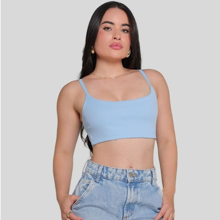 Cropped Top Feminino Alça Básico Duplo Canelado Promoção Moda