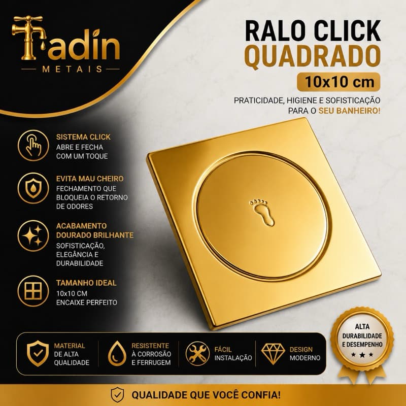 Ralo Click Dourado 9,5cm sistema click vedação