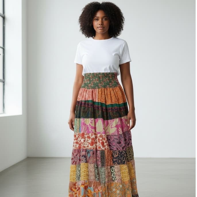 Saia Indiana Longa Com Elástico Feminina Que Vira Vestido Longo Boho Versátil