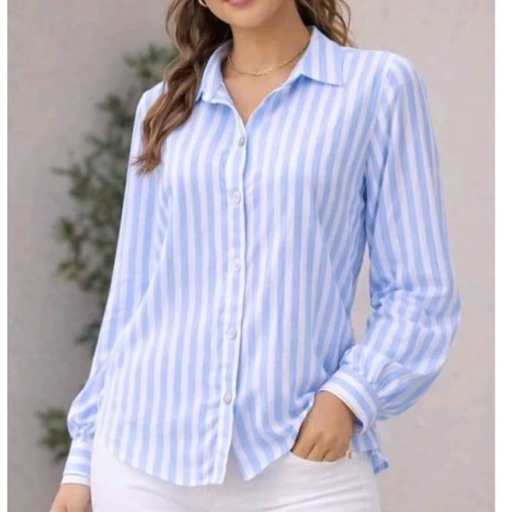 Camisa Femenina Listrada Tecido Duna Manga Longa Moda TOP
