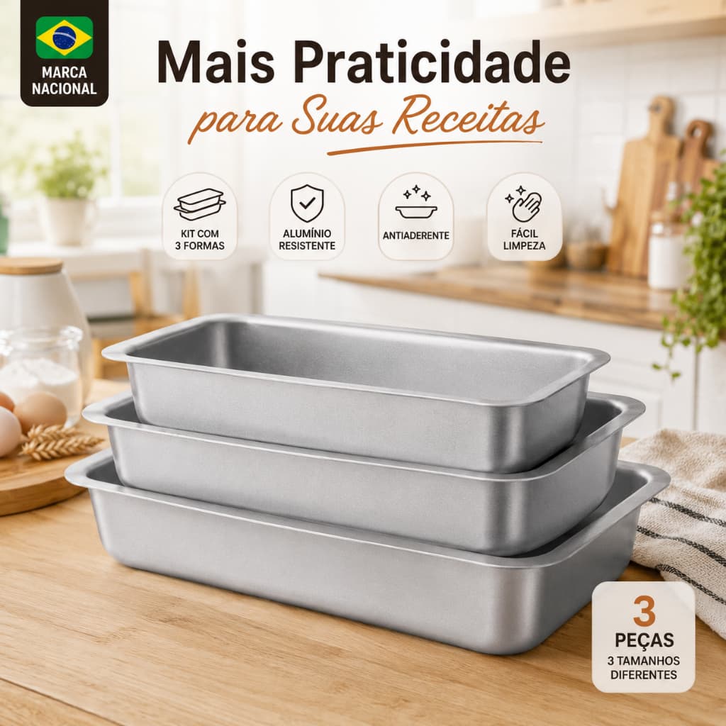 Kit Formas para Pão Antiaderentes Alumínio 3 Peças Retangulares para Bolo Pão Carne Forno Assadeiras Cinza Nacional