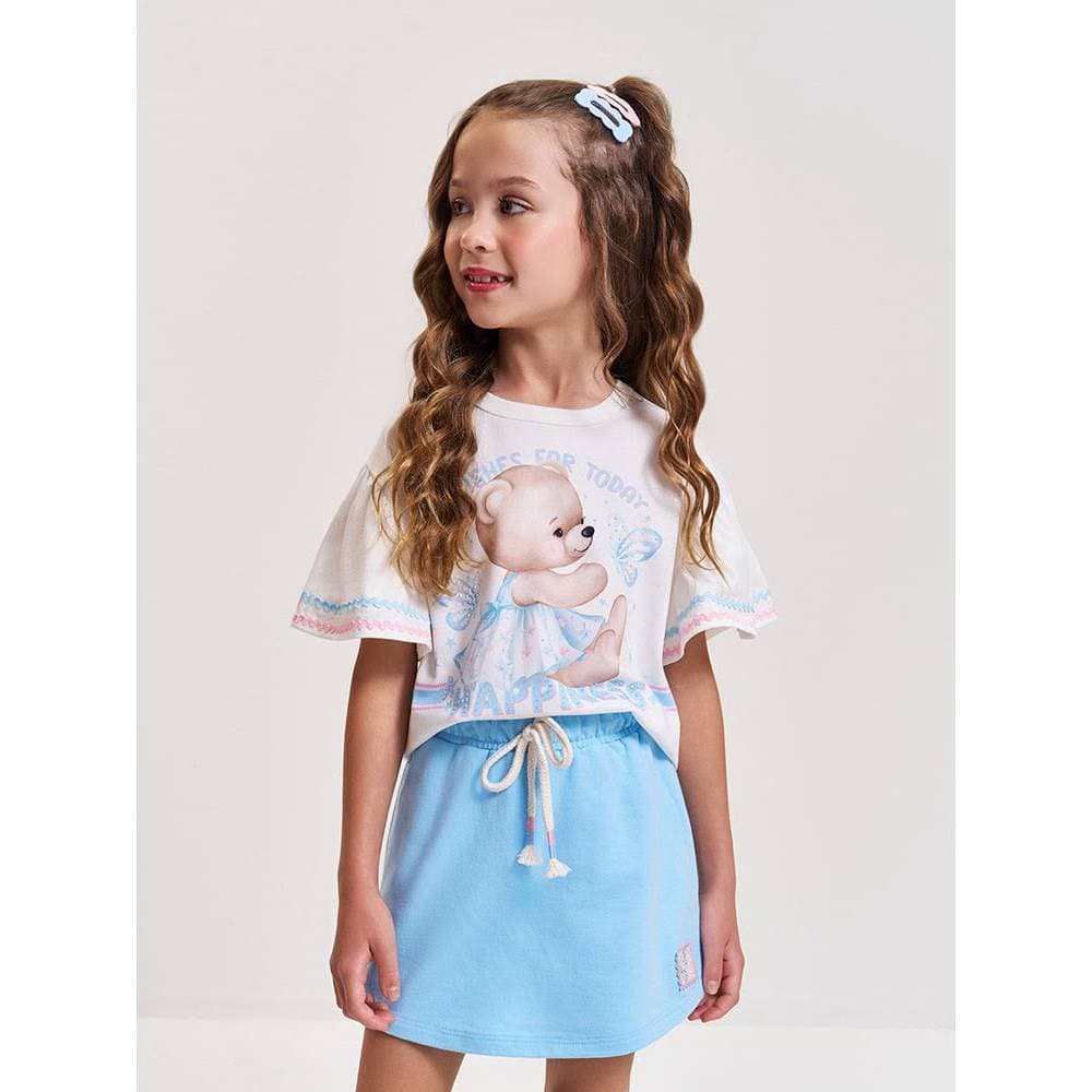 Conjunto Infantil Feminino Cinti Blusa Ursinha Happiness com Manga Babado + Short Saia Azul