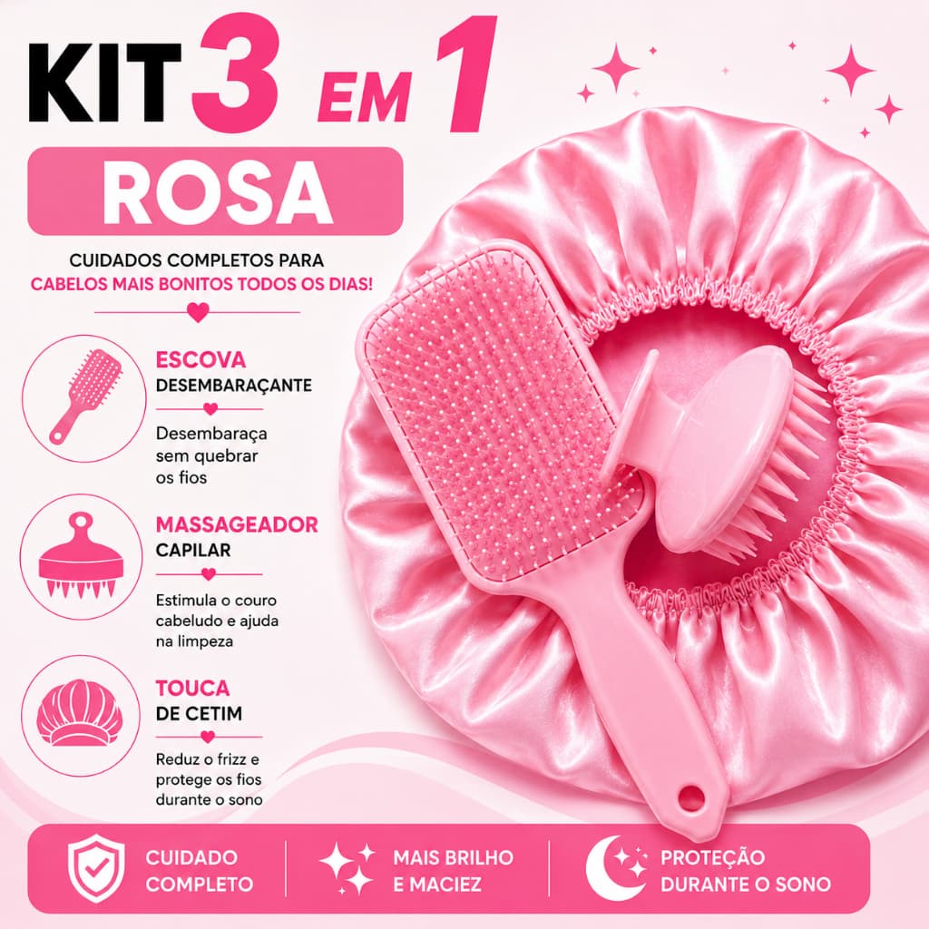 Kit Capilar Profissional Rosa Claro Touca de Cetim Antifrizz Escova Desembaraçante Massageador Capilar