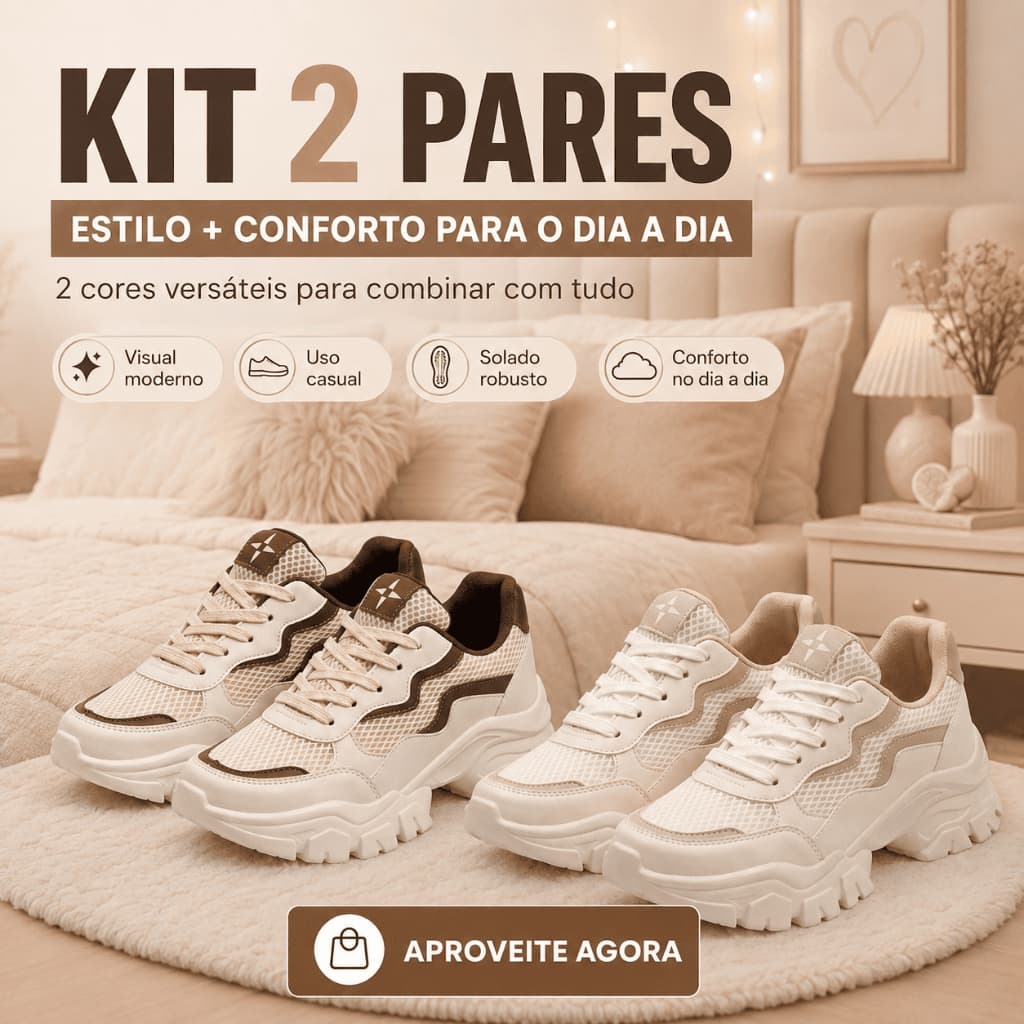 Kit 2 Pares Tênis Femininos Chunky Tratorado Moderno Estiloso Solado Alto Antiderrapante - Promoção