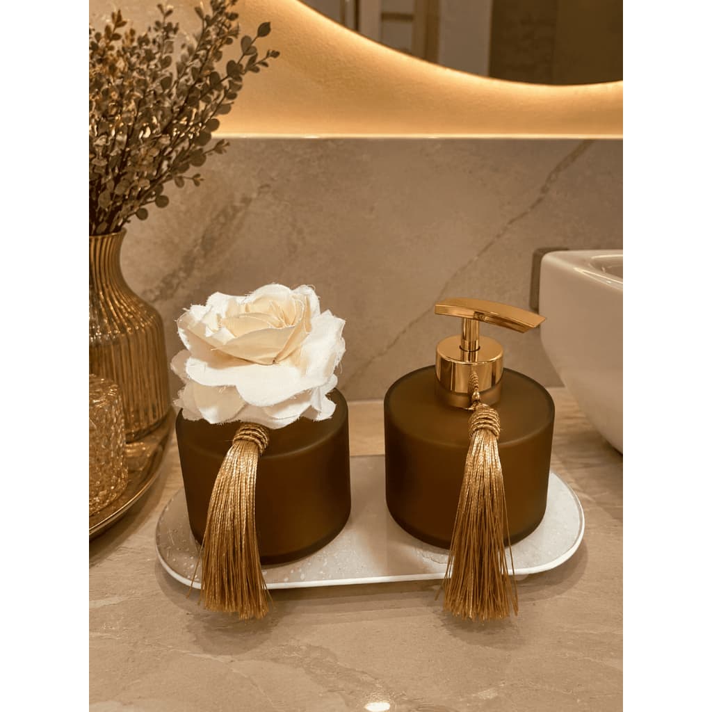 Kit Lavabo Luxo Vidro 6 Peças Difusor Saboneteira Bandeja Flor Difusora Kit  Personalizado