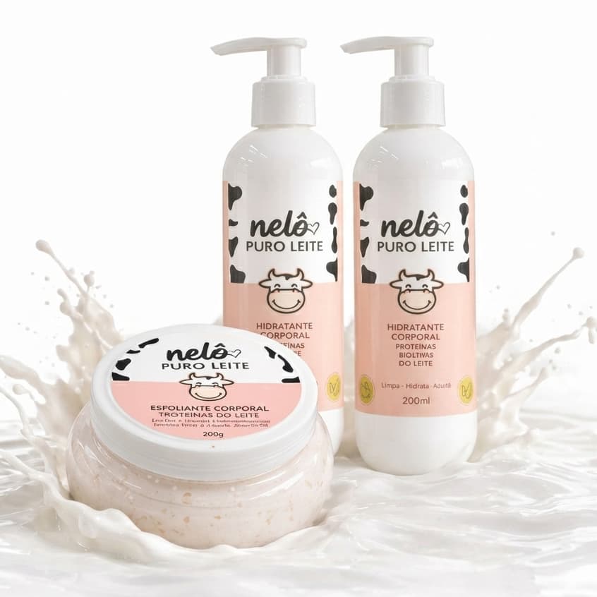 Kit Nelô Puro Leite Vaquinha Hidratante Corporal 200ml + Sabonete Liquido 200ml + Esfoliante Corporal 200g