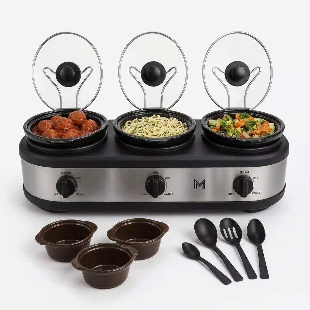 Buffet Rechaud Elétrico 220V com 3 Cubas de 2,4L Tampa de Vidro Design Aço Inox