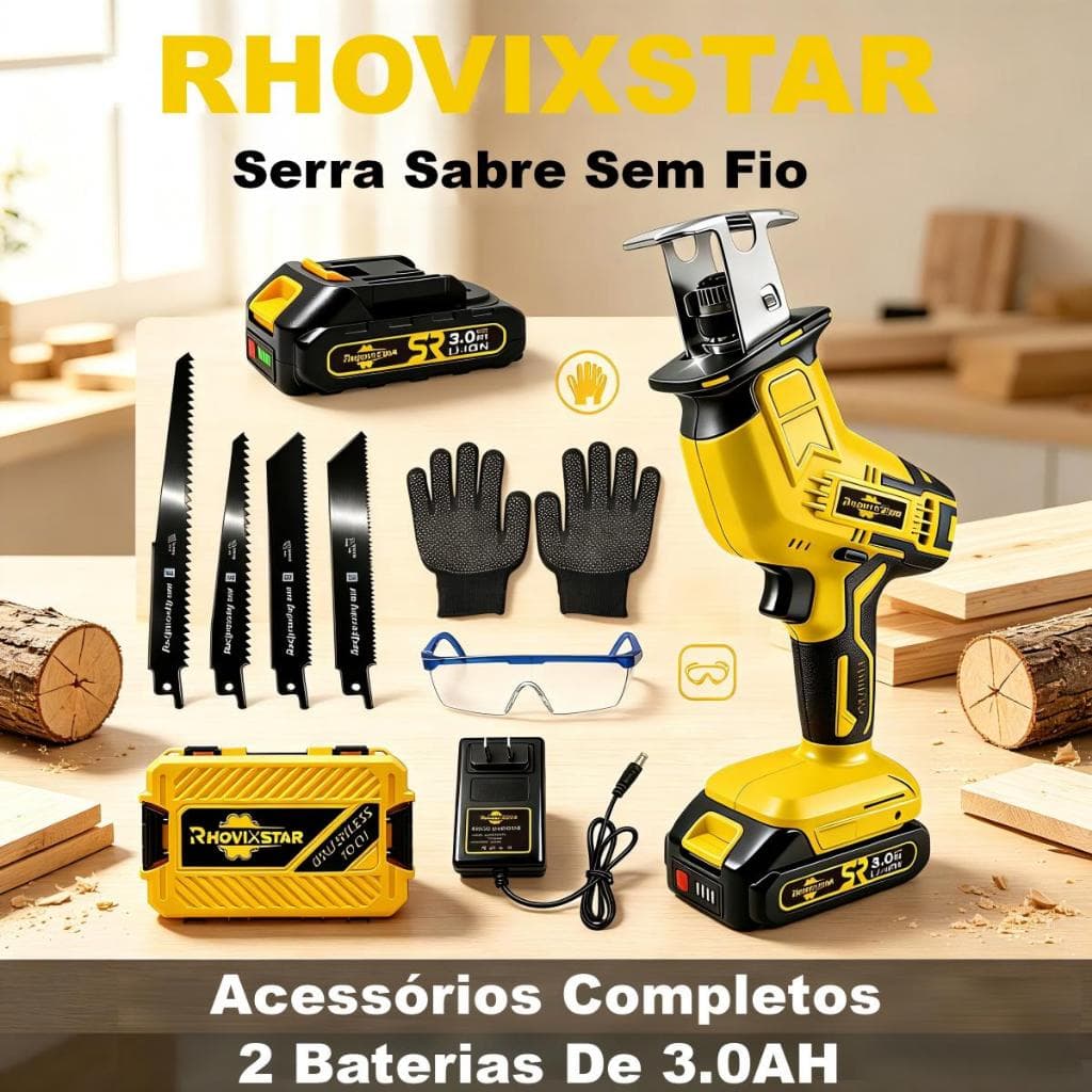 Serra Elétrica Sem Fio, Serra Recíproca, Motor Brushless 1500W 20V, Acompanha 2*3AH Baterias,Vem Com Caixa Portátil