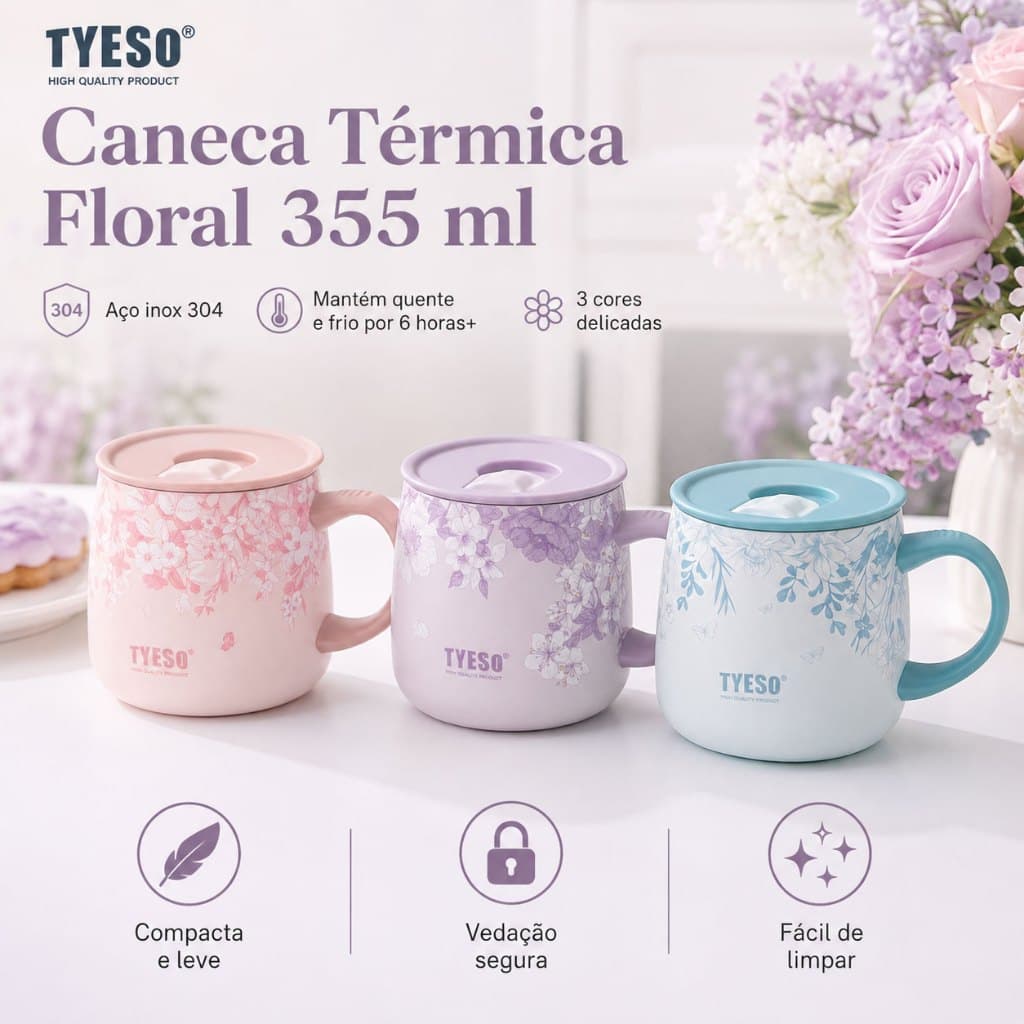 Caneca Térmica TYESO 355ml Estampa Floral, Aço Inox 304 com Tampa e Alça, Conserva Quente e Frio para Escritório e Casa