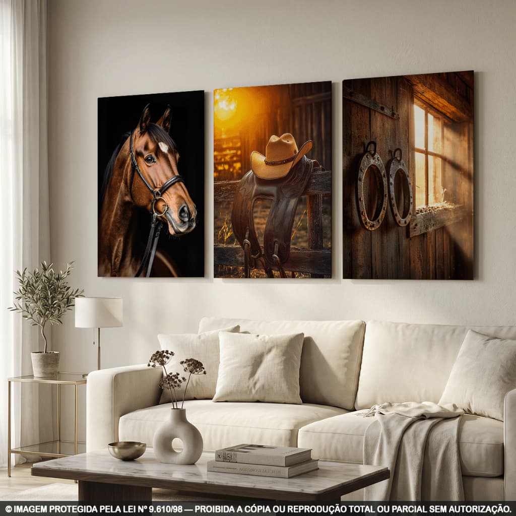 Quadros Decorativos Cavalo Country Chapéu Cowboy Fazenda Rústico Kit 3 Peças Sala Estilo Rural Luxo