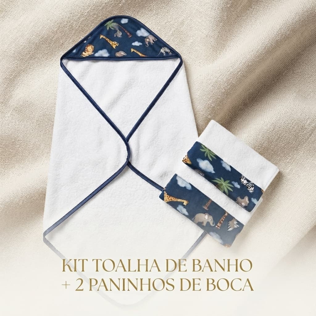 Toalha de Banho Para Bebê Com Capuz Forrado + 2 Toalhinhas Higiênicas Atoalhado