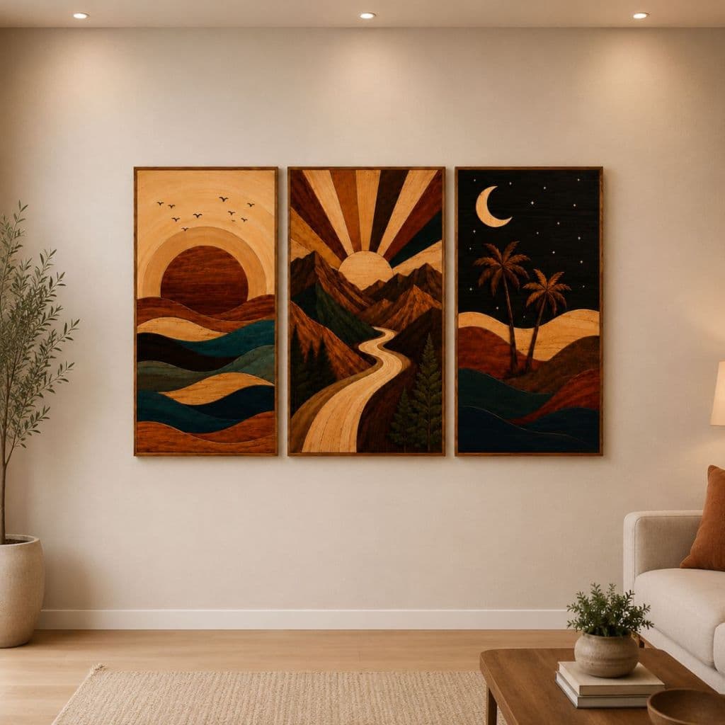 Paisagem Abstrata Geométrico Moderno Boho Kit 3 Quadros Decorativos Sala Hall Quarto Escritório