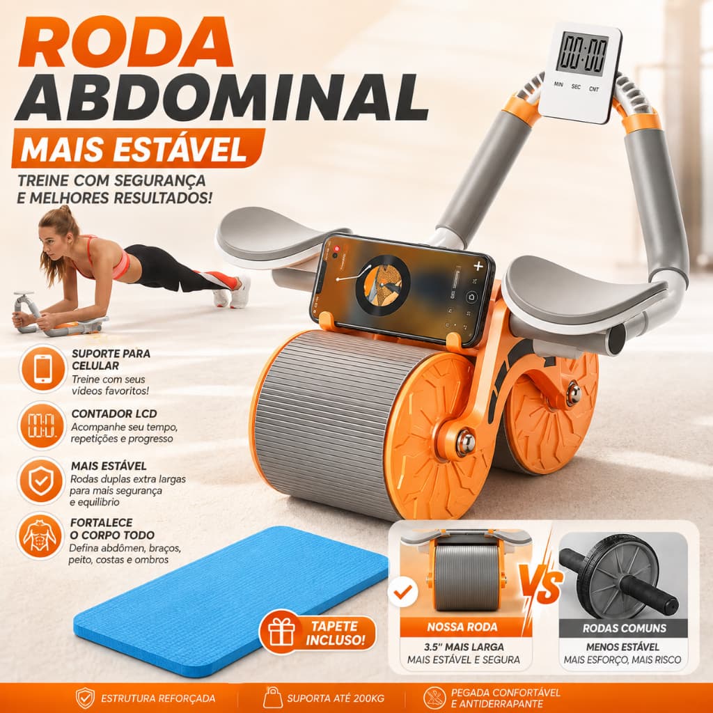 Roda Abdominal Dupla com Contador, Apoio de Cotovelo, Suporte Celular e Tapete