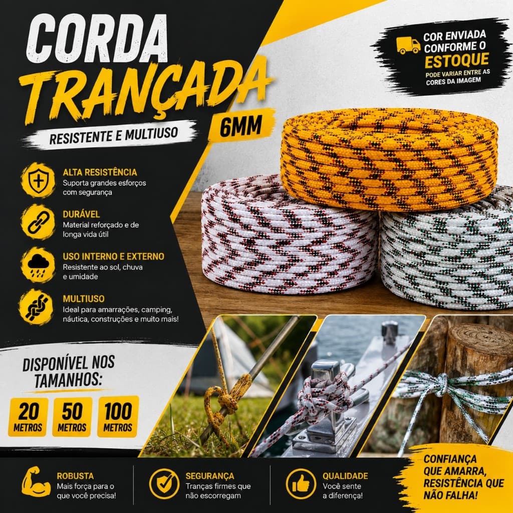Corda Trançada 6mm Multiuso Alta Resistência – 20m, 50m e 100m