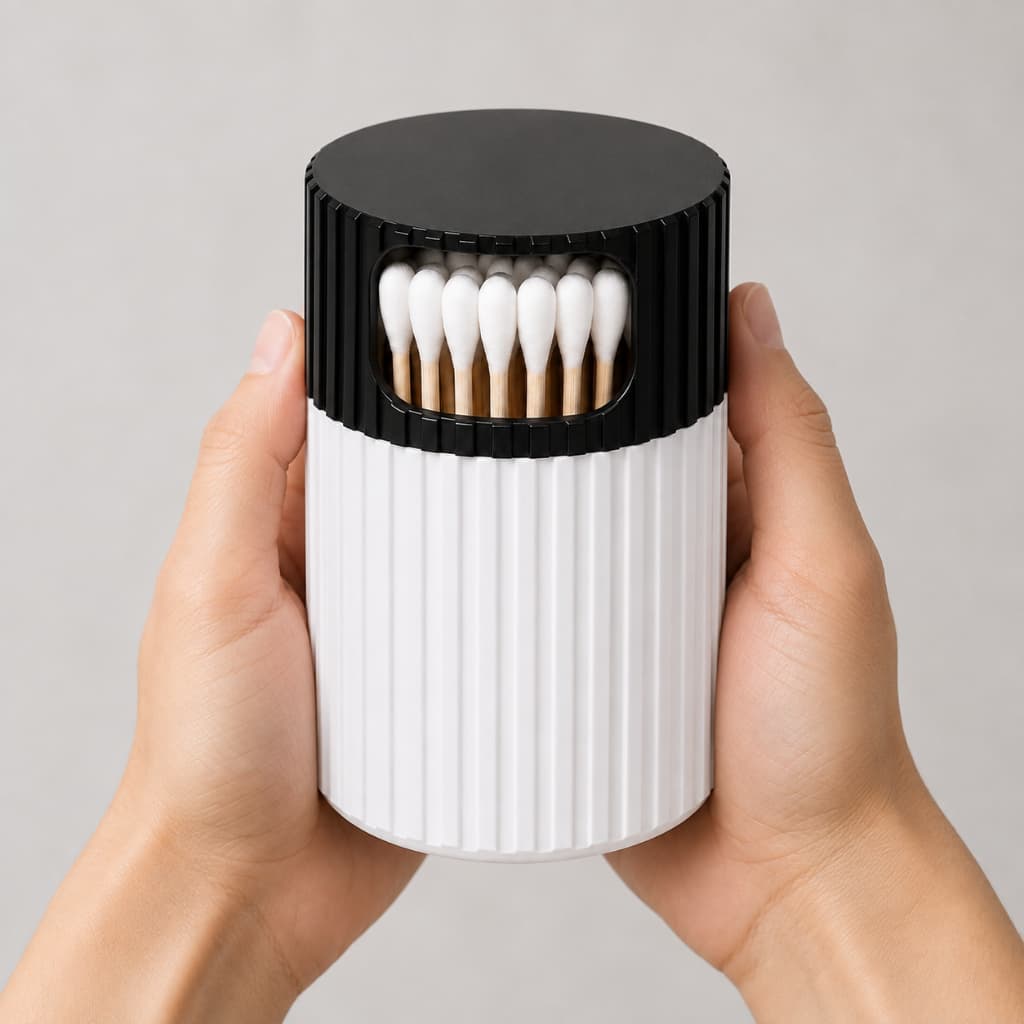 Dispenser de Cotonetes com Acesso Fácil, Design Moderno e Proteção Contra Poeira
