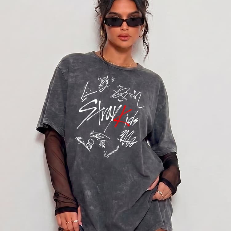 Camiseta Basica Estonada Estilo Streetwear Vintage Retro K-pop Stray kids Show Tour Run It 2026 Y2K